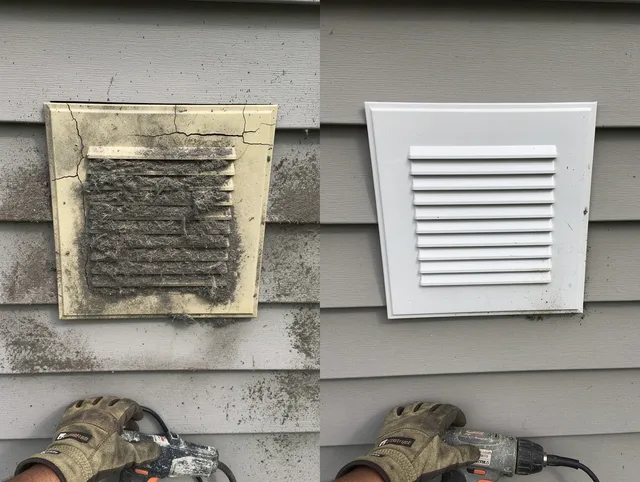 Mansfield Dryer Vent Cleaning technician installing high-quality dryer vent cover at a residential property in Mansfield
